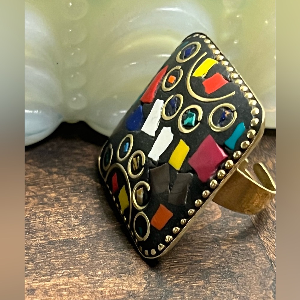 Vintage Tibetan Mosaic Brass Shield Statement Ring Adjustable Boho Ethnic